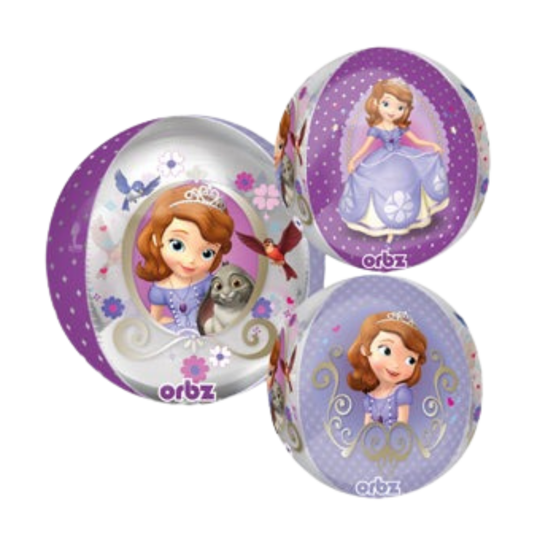 Purple Sofia the First round balloon with cartoon princess print birthday theme from Parte Haus party supply store in Bethesda Maryland
