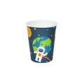 Blue space theme paper cup with astronaut and planets for kids birthday from Parte Haus party supply store in Bethesda MD.