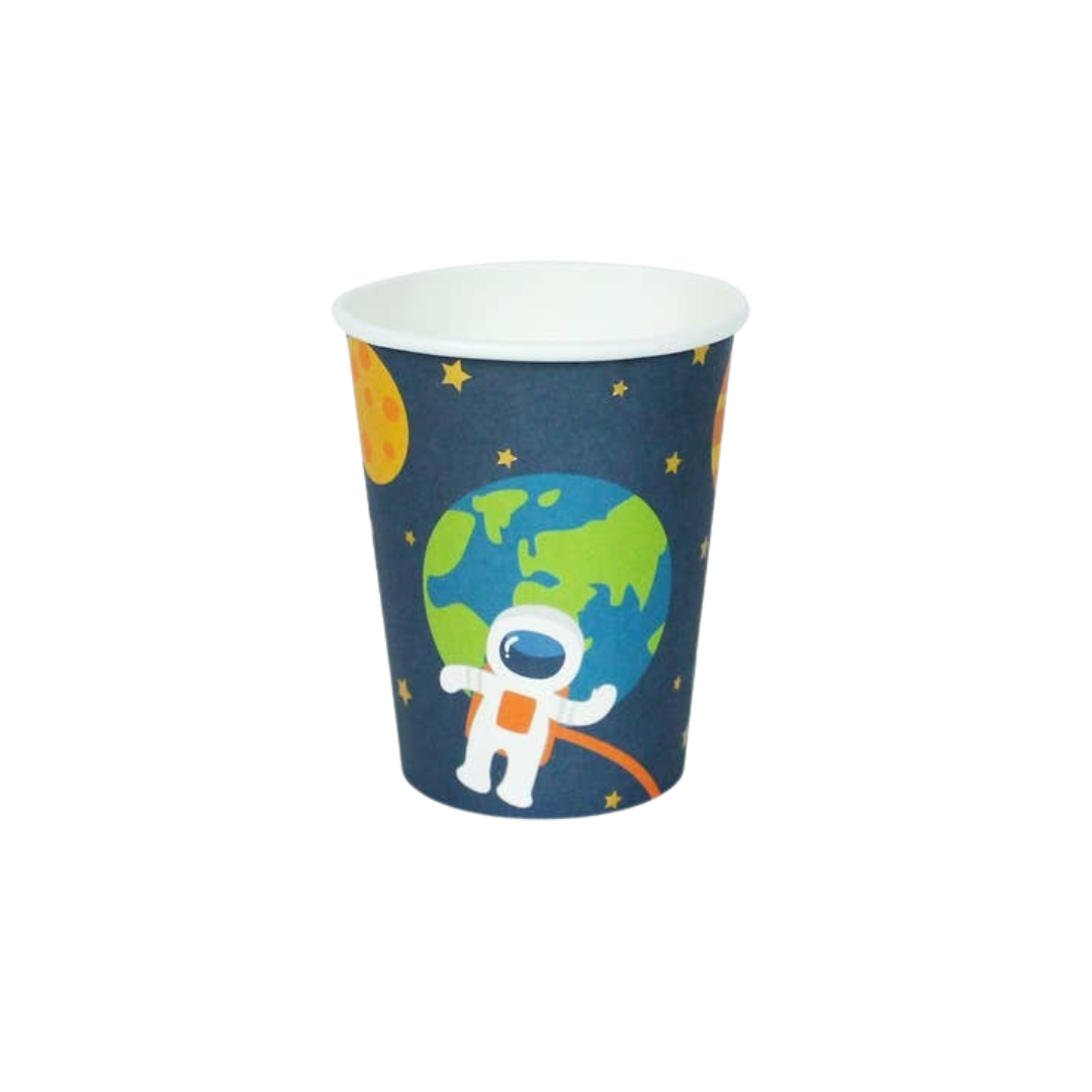 Blue space theme paper cup with astronaut and planets for kids birthday from Parte Haus party supply store in Bethesda MD.