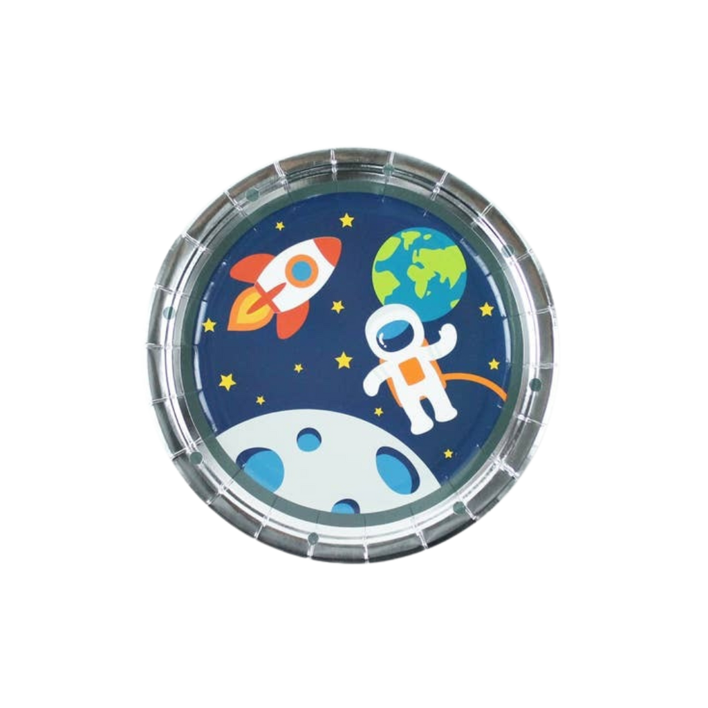 blue space party plate with astronaut rocket and planet for birthday from Parte Haus party supply store in Bethesda MD