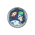 blue space party plate with astronaut rocket and planet for birthday from Parte Haus party supply store in Bethesda MD
