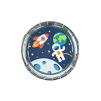blue space party plate with astronaut rocket and planet for birthday from Parte Haus party supply store in Bethesda MD