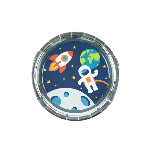 blue space party plate with astronaut rocket and planet for birthday from Parte Haus party supply store in Bethesda MD