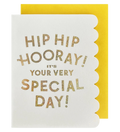 Gold glitter birthday card with scalloped edge and yellow envelope birthday theme from Parte Haus party supply store in Bethesda MD