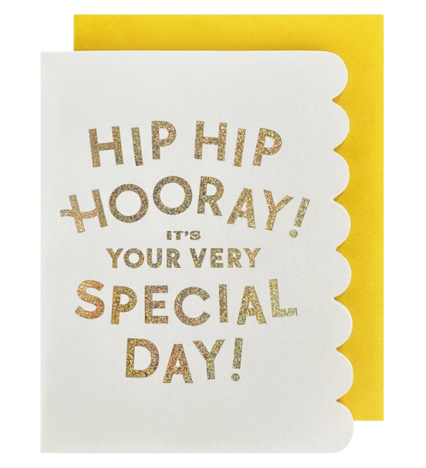 Gold glitter birthday card with scalloped edge and yellow envelope birthday theme from Parte Haus party supply store in Bethesda MD