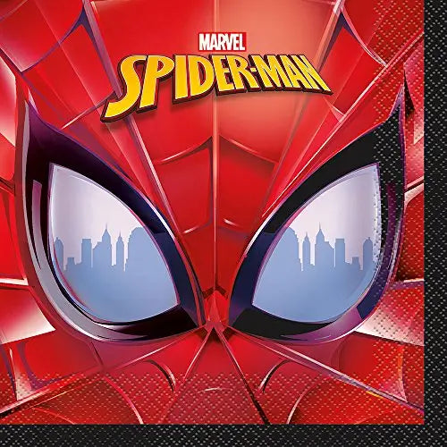 Red Spider-Man luncheon napkin with superhero mask design for birthday from Parte Haus party supply store in Bethesda MD