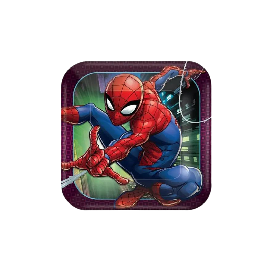 Red blue Spiderman square plate with web design superhero birthday from Parte Haus party supply store in Bethesda MD