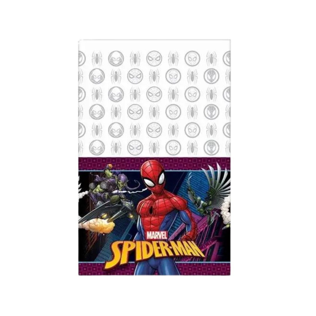 Red and white Spiderman plastic tablecover featuring Spiderman and villains for superhero birthday from Parte Haus party supply store in Bethesda MD
