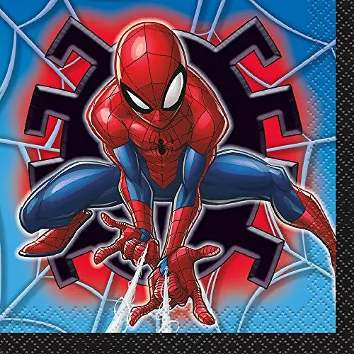 Red blue Spiderman beverage napkin with web and hero graphics superhero birthday from Parte Haus party supply store in Bethesda MD