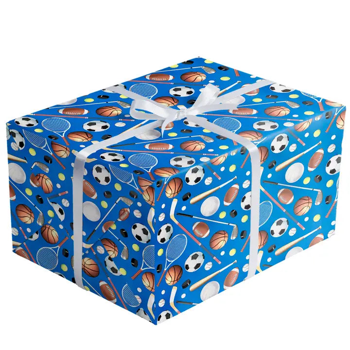 Blue sports gift wrap with balls and equipment for birthday from Parte Haus party supply store in Bethesda Maryland
