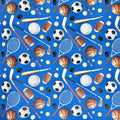 Blue sports gift wrap with assorted balls and equipment for sports birthday from Parte Haus party supply store in Bethesda MD