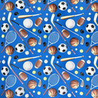 Blue sports gift wrap with assorted balls and equipment for sports birthday from Parte Haus party supply store in Bethesda MD