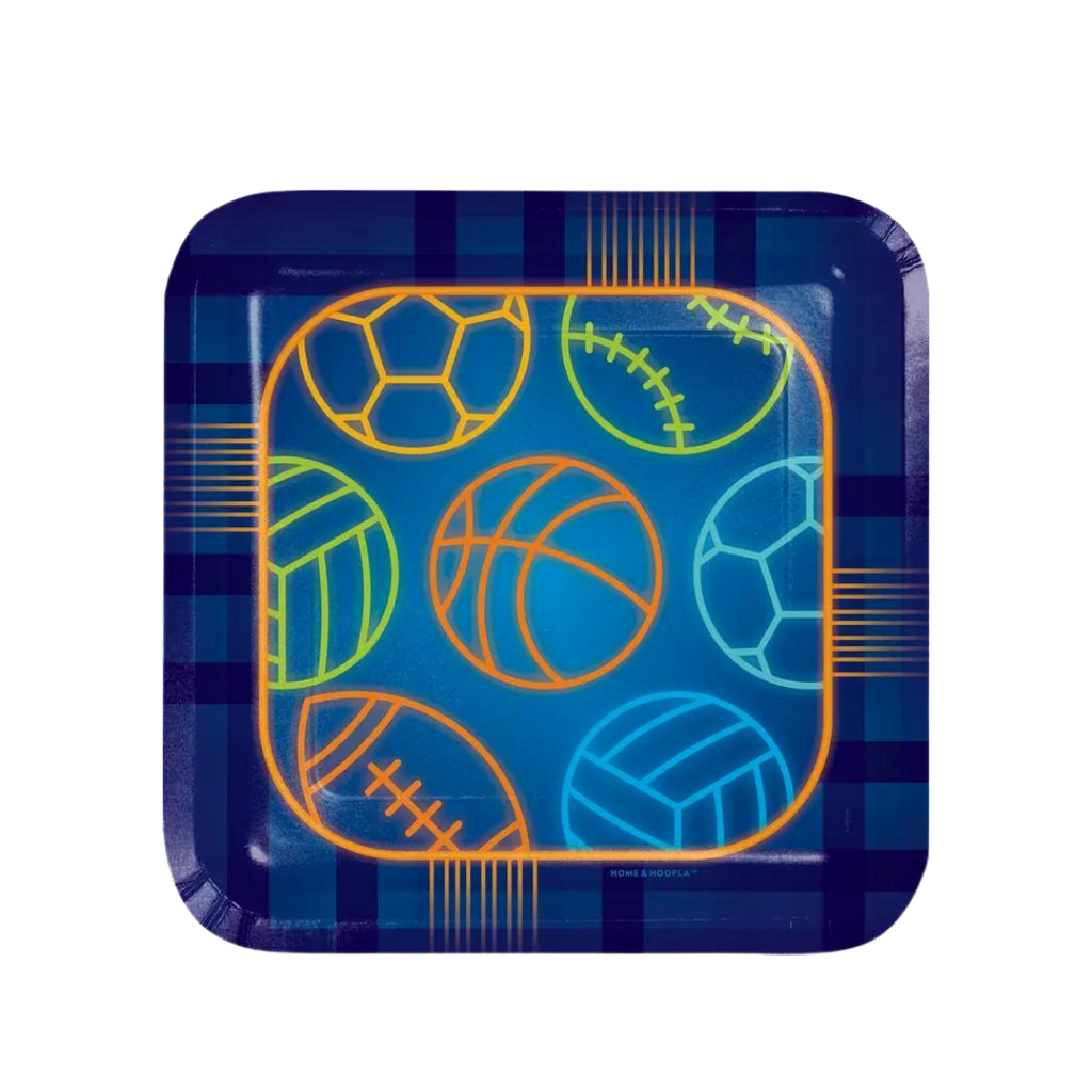 Blue sports theme dessert plates with neon outlines of balls birthday from Parte Haus party supply store in Bethesda MD.