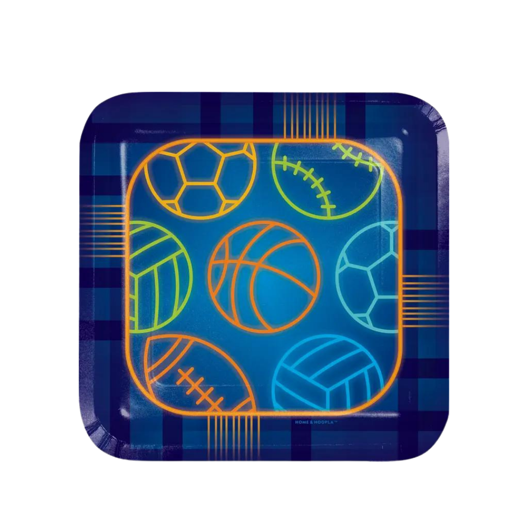 Blue sports theme dessert plates with neon outlines of balls birthday from Parte Haus party supply store in Bethesda MD.