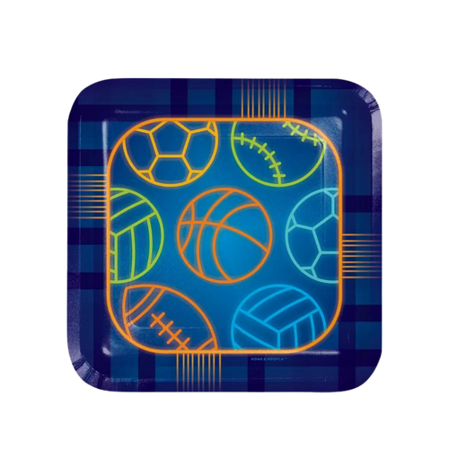 Blue sports theme dessert plates with neon outlines of balls birthday from Parte Haus party supply store in Bethesda MD.