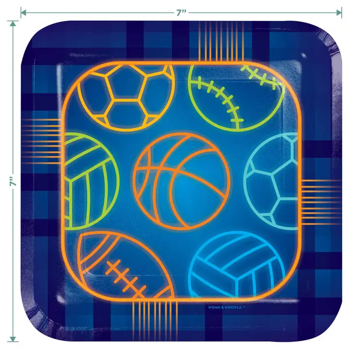 Blue sports dessert plate with neon sports ball designs for sports theme from Parte Haus party supply store in Bethesda Maryland