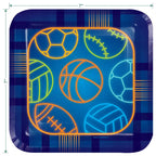 Blue sports dessert plate with neon sports ball designs for sports theme from Parte Haus party supply store in Bethesda Maryland