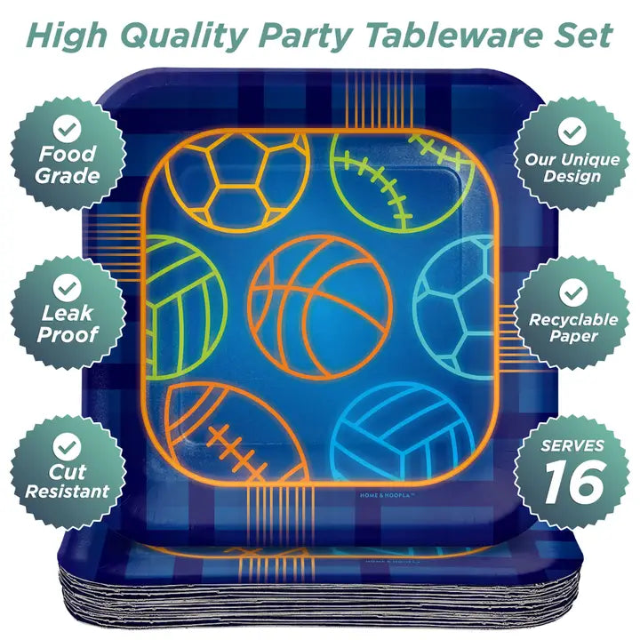 Blue sports themed dessert plates with neon ball designs sports birthday from Parte Haus party supply store in Bethesda MD.