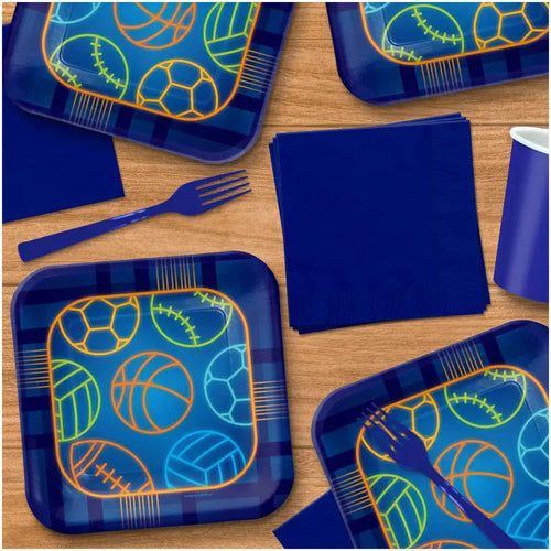 Blue sports theme dessert plates with neon ball designs for birthday from Parte Haus party supply store in Bethesda Maryland
