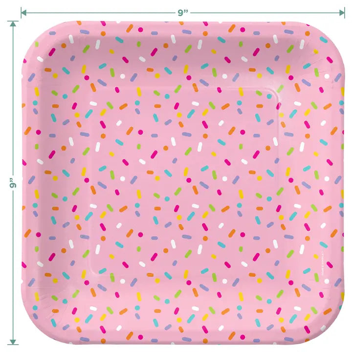 Pink sprinkles dinner paper plate square birthday or celebration from Parte Haus party supply store in Bethesda Maryland