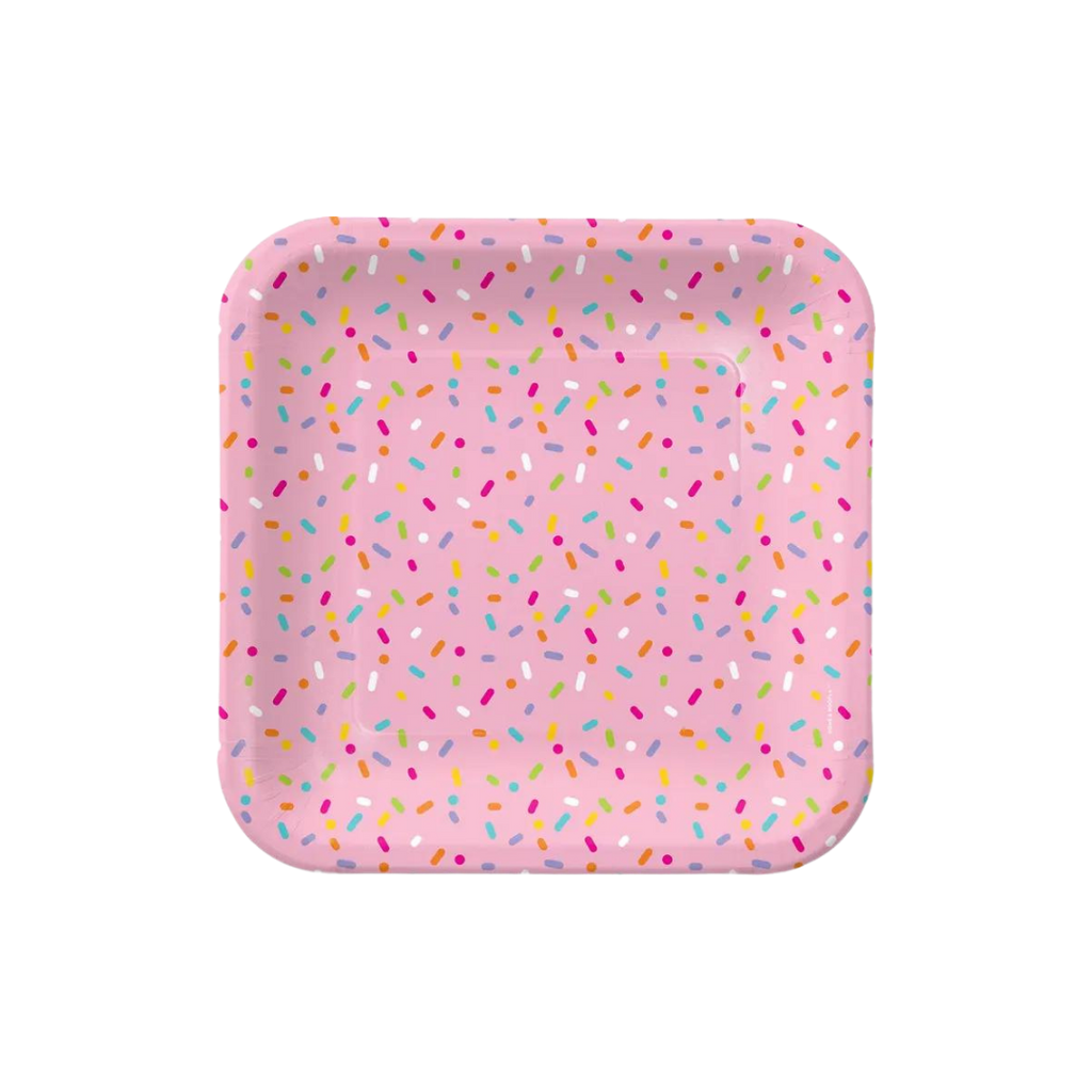 Pink sprinkles dinner paper plate with colorful sprinkle pattern birthday theme from Parte Haus party supply store in Bethesda MD
