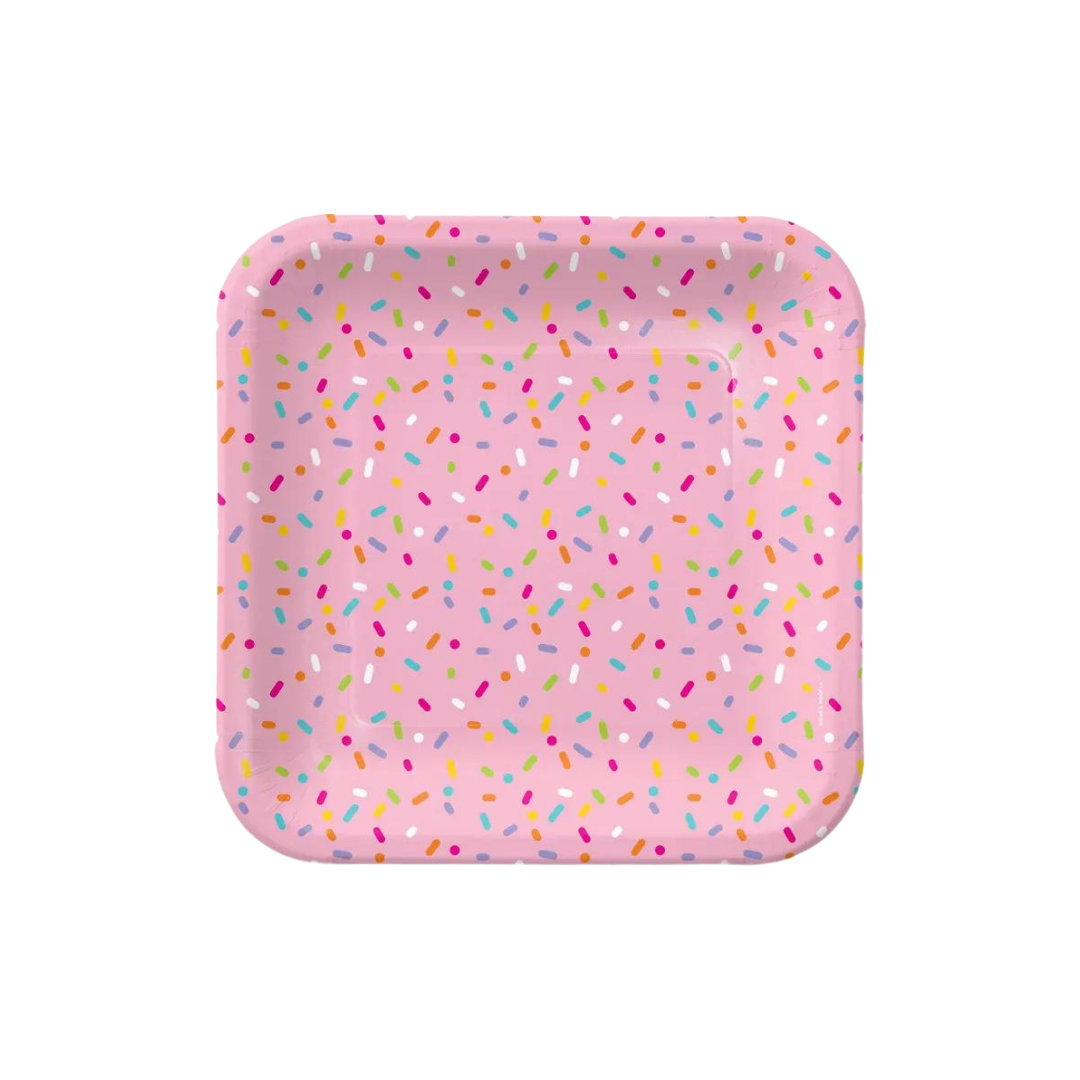 Pink sprinkles dinner paper plate with colorful sprinkle pattern birthday theme from Parte Haus party supply store in Bethesda MD