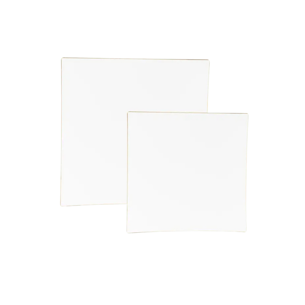 White and gold square plastic plates in two sizes elegant modern from Parte Haus party supply store in Bethesda MD