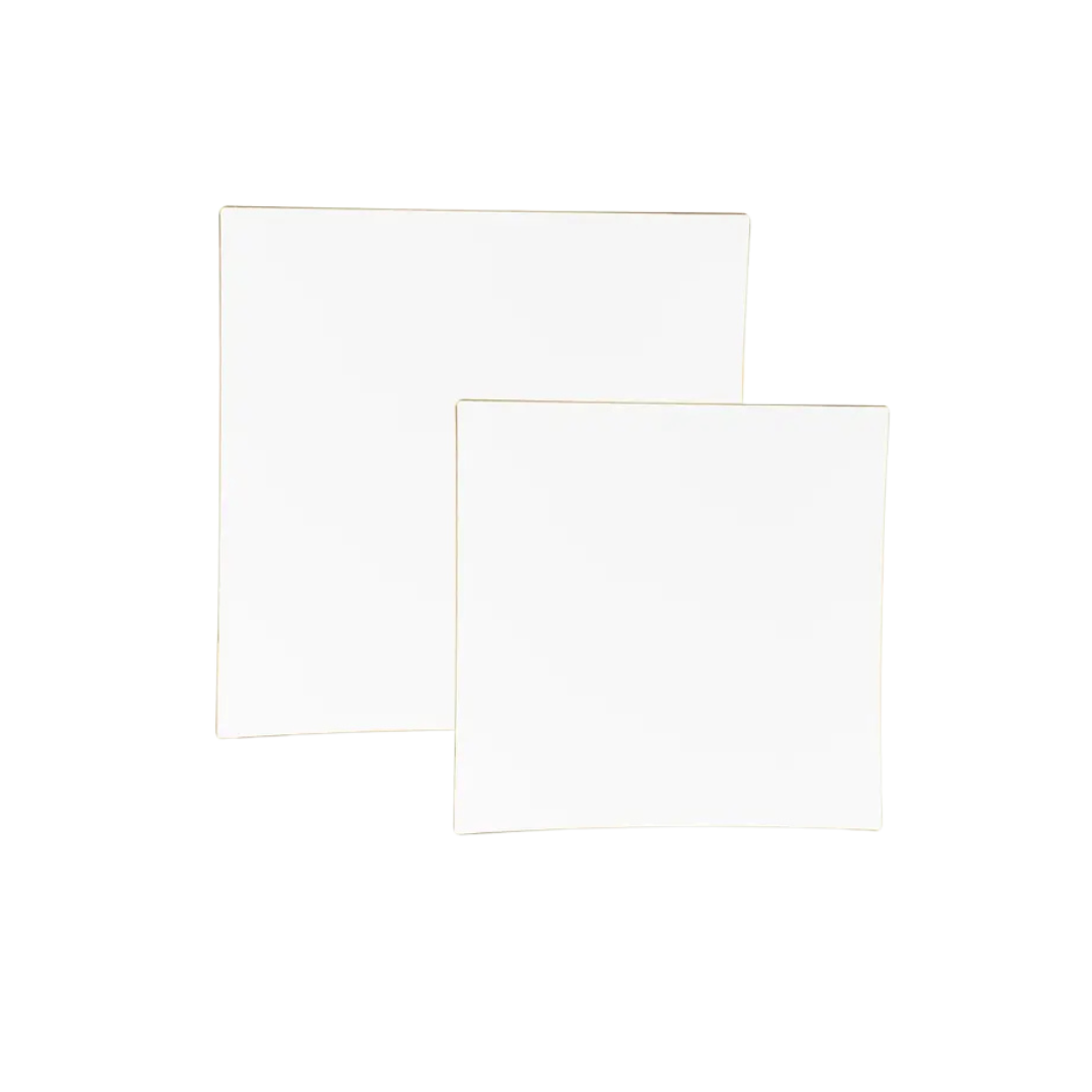 White and gold square plastic plates in two sizes elegant modern from Parte Haus party supply store in Bethesda MD