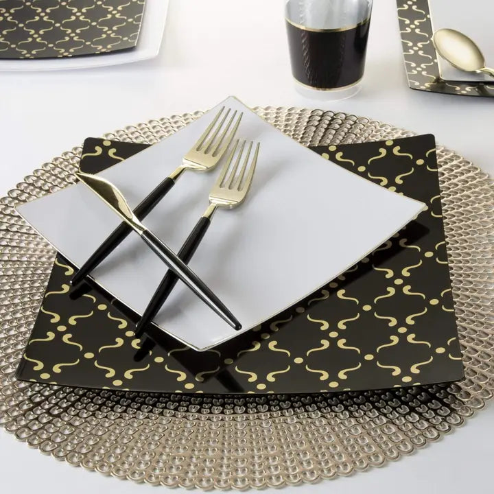 White and gold square plastic dinner plates modern table setting from Parte Haus party supply store in Bethesda MD.