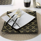 White and gold square plastic dinner plates modern table setting from Parte Haus party supply store in Bethesda MD.