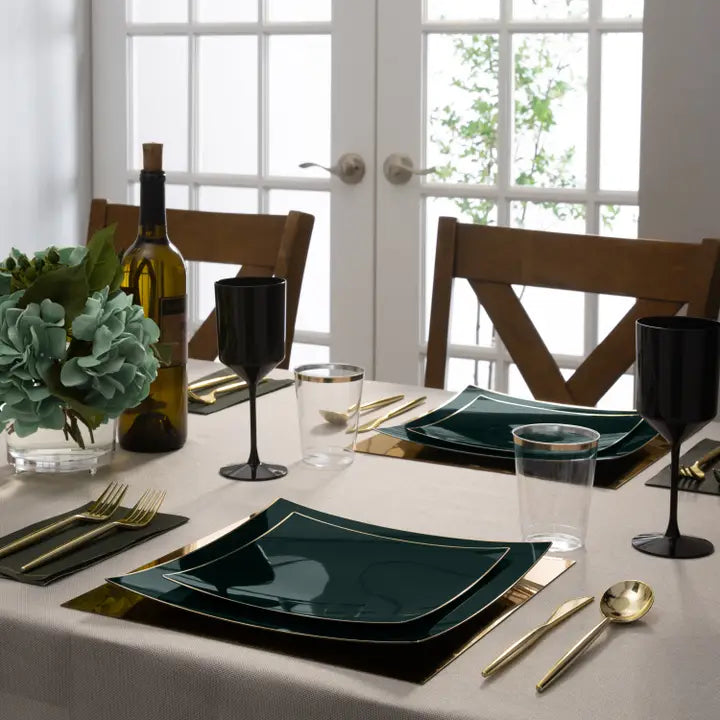 Emerald gold plastic appetizer plates elegant table setting dinner party from Parte Haus party supply store in Bethesda MD