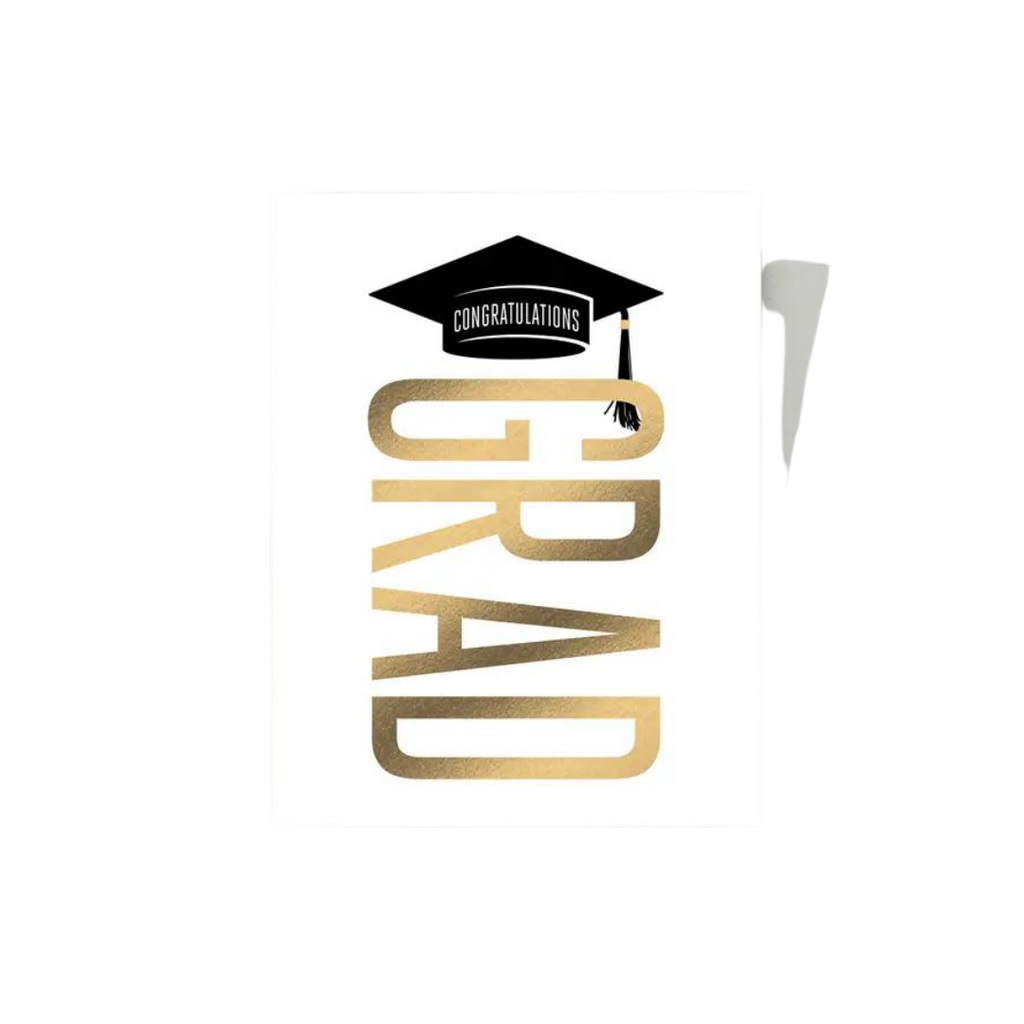 Gold and black graduation greeting card with cap design graduation theme from Parte Haus party supply store in Bethesda MD