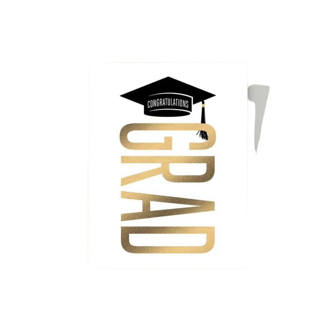 Gold and black graduation greeting card with cap design graduation theme from Parte Haus party supply store in Bethesda MD