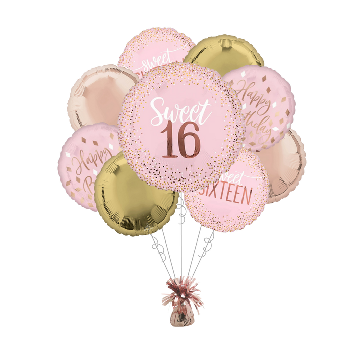 Premium Blush Pink & Gold Sweet 16 Birthday Foil Balloon Bundle with Balloon Weight