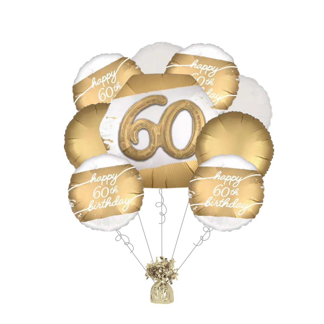 Premium Golden Age 60th Birthday Foil Balloon Bundle with Balloon Weight