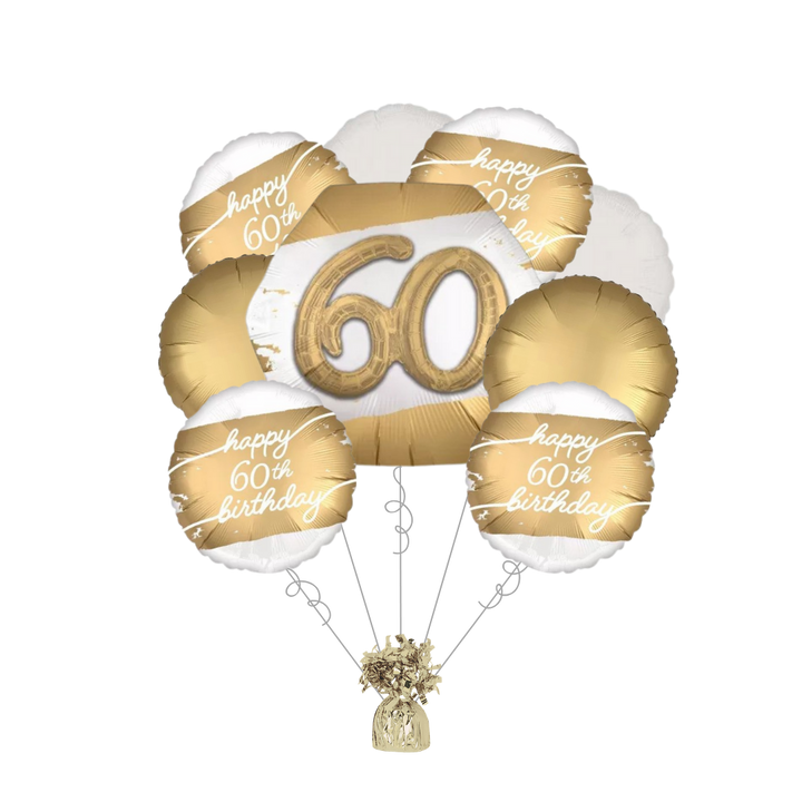 Premium Golden Age 60th Birthday Foil Balloon Bundle with Balloon Weight