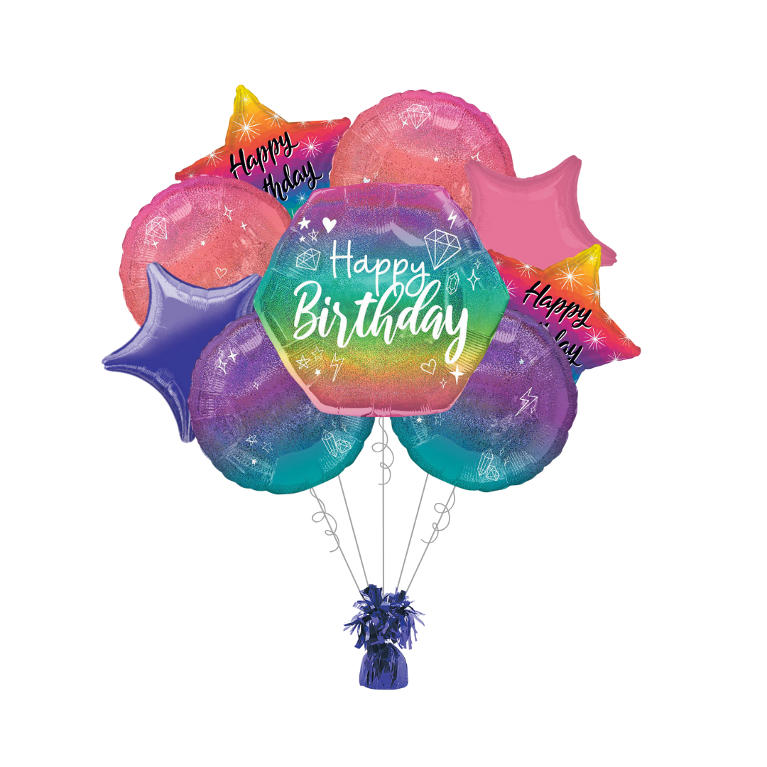 Premium Ombre Sparkle Birthday Foil Balloon Bundle with Balloon Weight