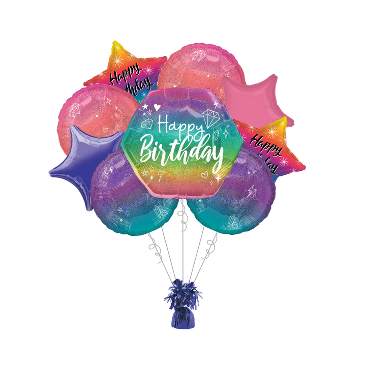 Premium Ombre Sparkle Birthday Foil Balloon Bundle with Balloon Weight