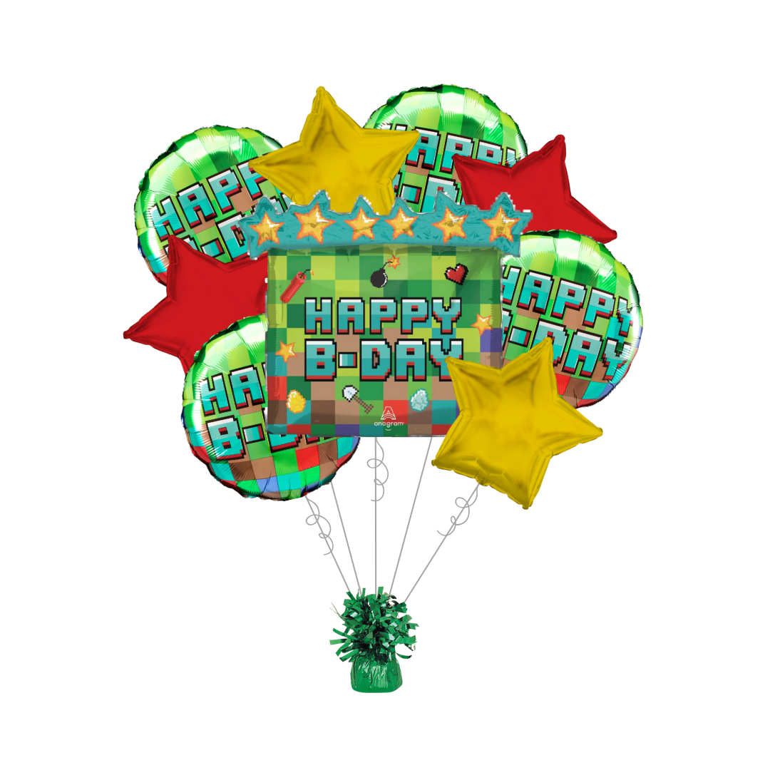 Premium Pixel Party Birthday Foil Balloon Bundle with Balloon Weight