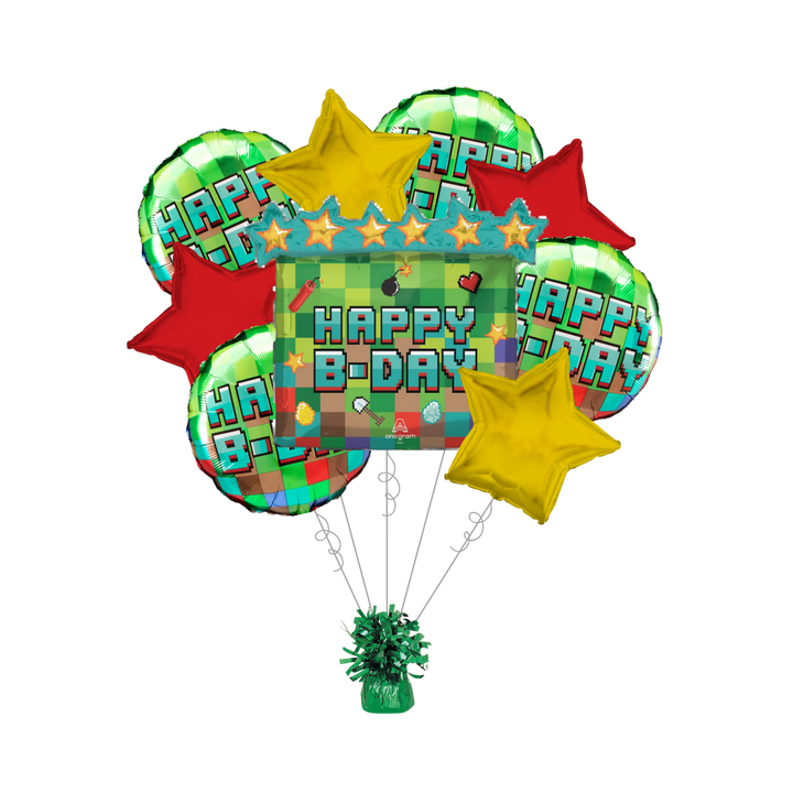 Premium Pixel Party Birthday Foil Balloon Bundle with Balloon Weight