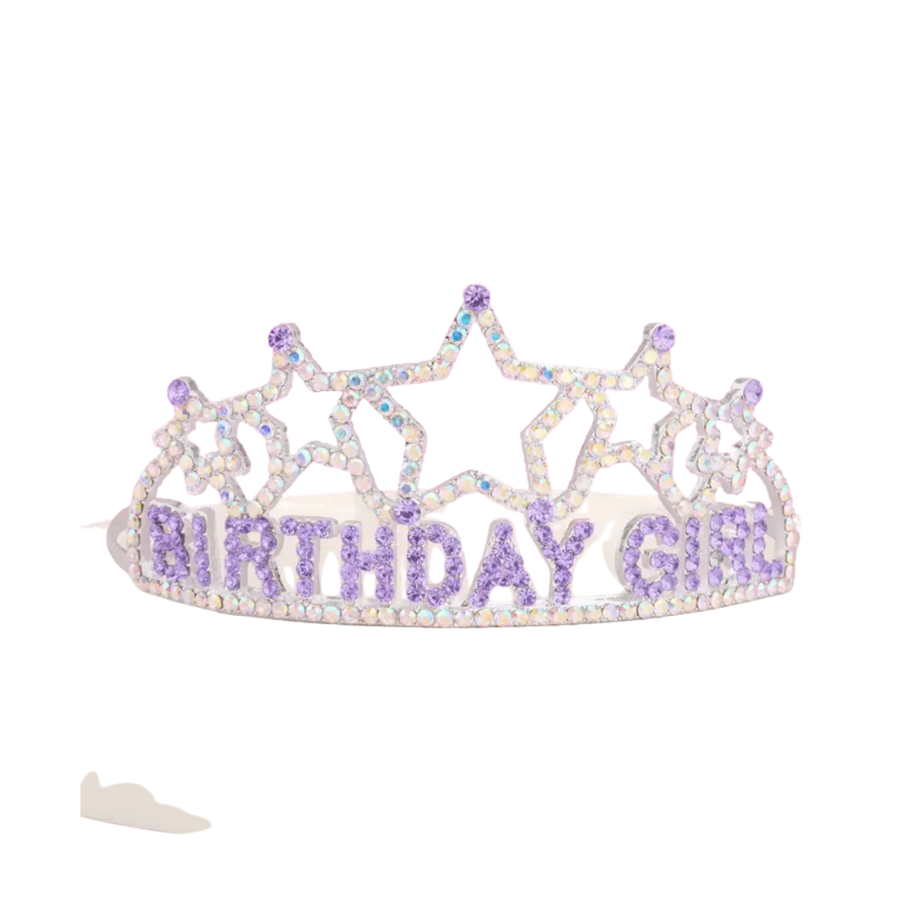 Iridescent purple rhinestone birthday girl tiara with stars for birthday from Parte Haus party supply store in Bethesda MD