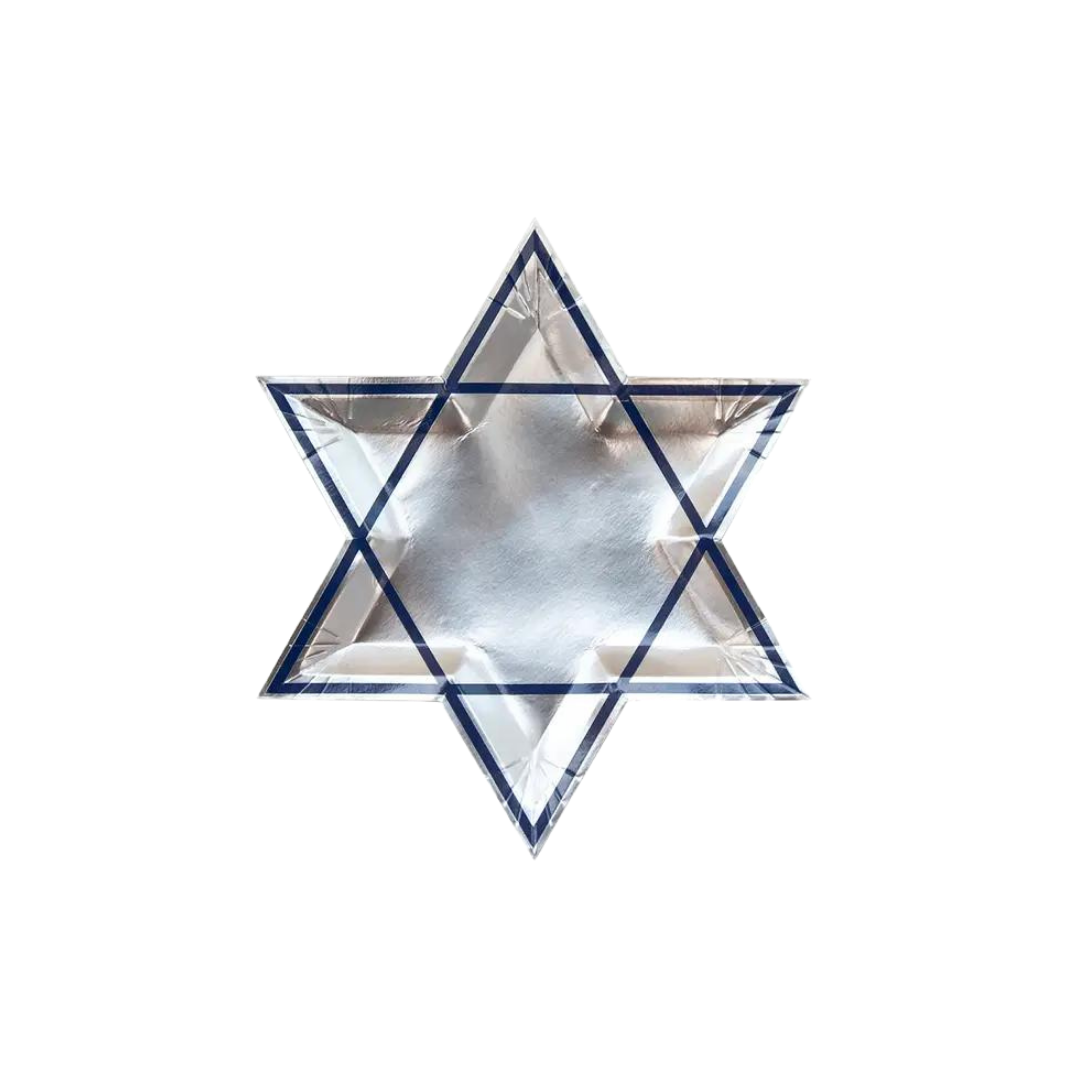 Silver Star of David plate with blue border Hanukkah theme from Parte Haus party supply store in Bethesda MD