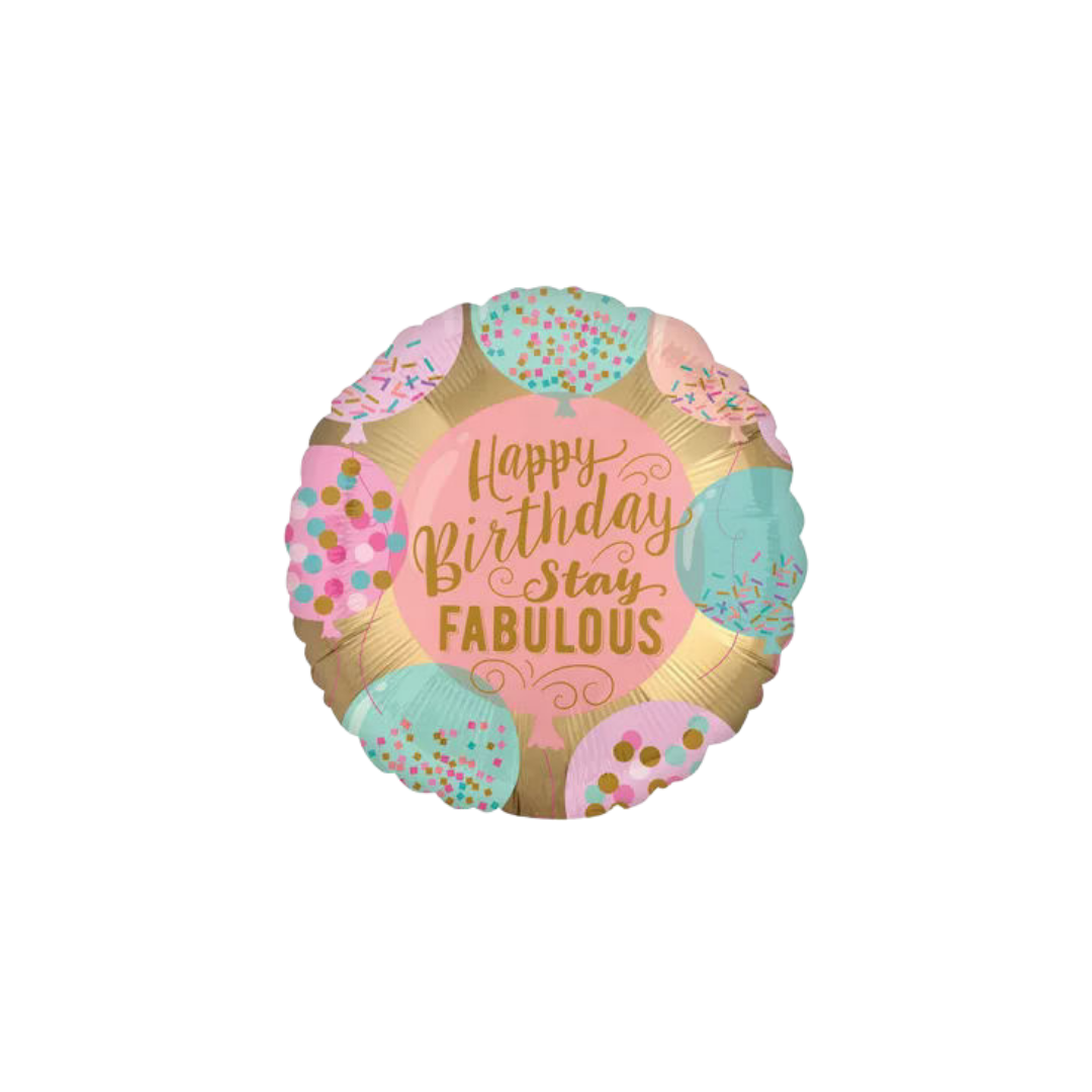 Colorful round happy birthday stay fabulous balloon birthday theme from Parte Haus party supply store in Bethesda Maryland