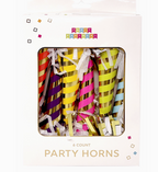 Multicolor striped party horns with gold foil for celebrations from Parte Haus party supply store in Bethesda MD