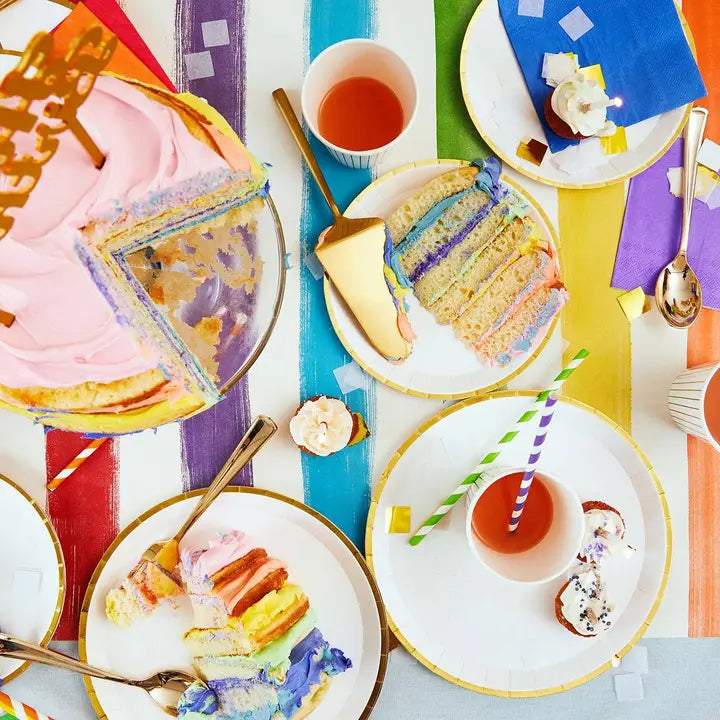 Sunshine yellow large paper plates with cake slices and party drinks birthday theme from Parte Haus party supply store in Bethesda MD