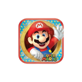 Blue red square dinner plate with Super Mario character for birthday from Parte Haus party supply store in Bethesda MD