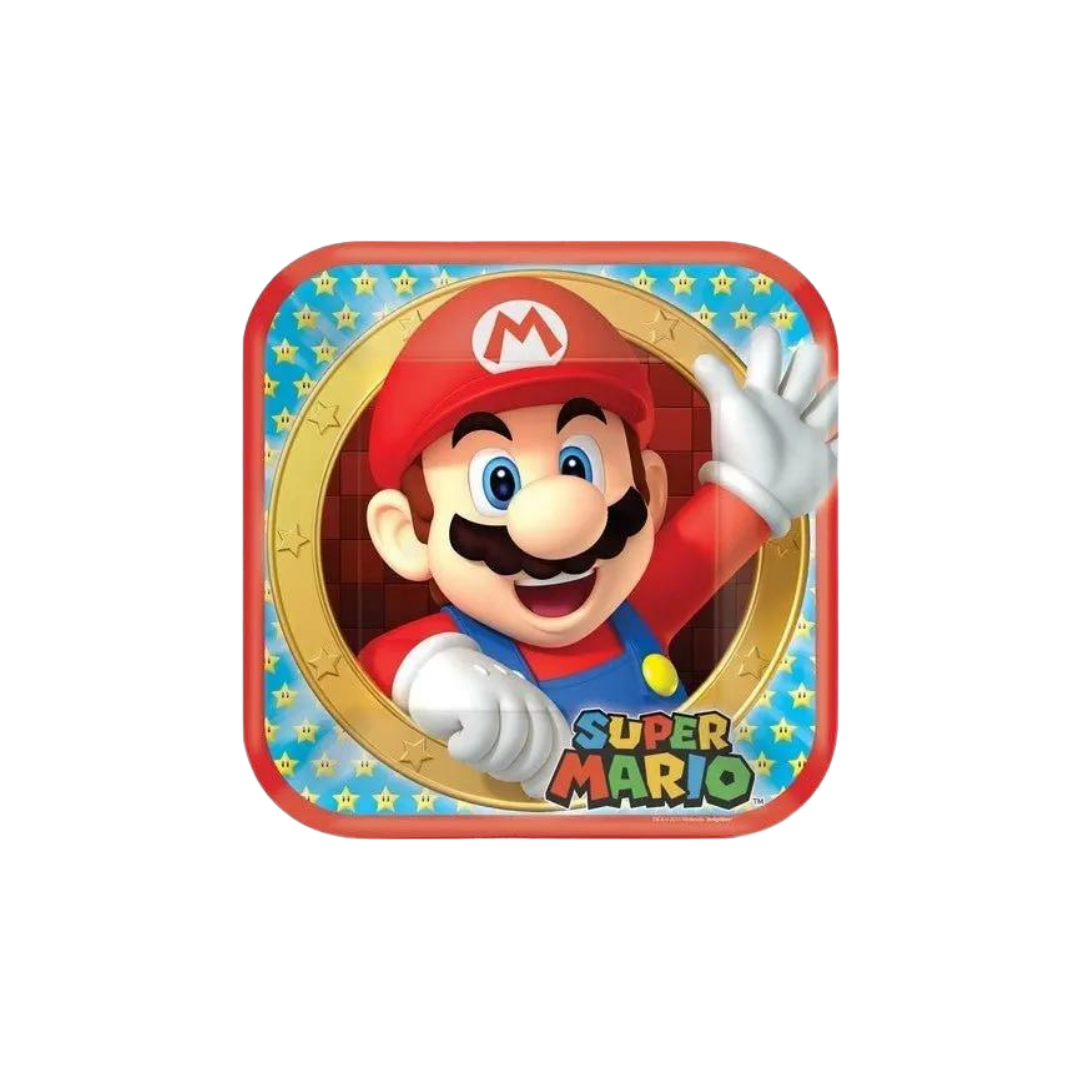 Blue red square dinner plate with Super Mario character for birthday from Parte Haus party supply store in Bethesda MD