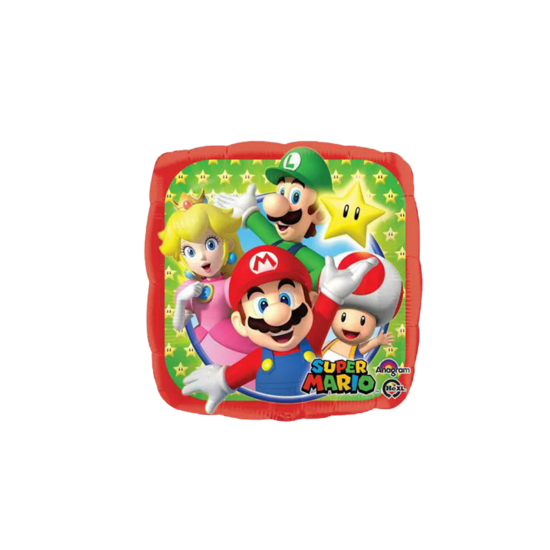 Colorful Super Mario square balloon with Mario Luigi and friends birthday theme from Parte Haus party supply store in Bethesda MD