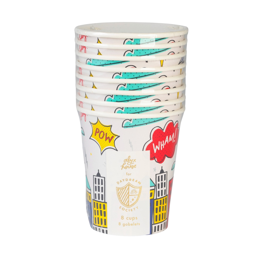 Colorful superhero paper cups with comic designs for birthday theme from Parte Haus party supply store in Bethesda MD