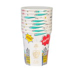 Colorful superhero paper cups with comic designs for birthday theme from Parte Haus party supply store in Bethesda MD